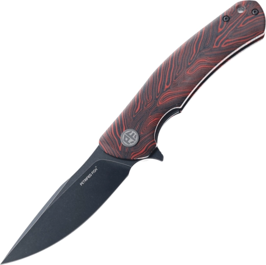Navaja plegable Petrified Fish Warrior, K110 Black Stonewash, rojo‑negro Gmascus