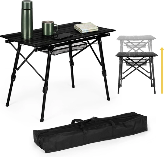 Mesa de camping plegable MultiGarden 90 × 50 cm, ajustable en altura, negra