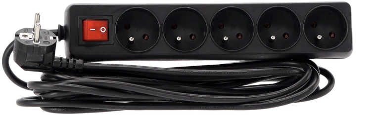 Regleta alargadora con interruptor, 5 tomas, 5 m, negra