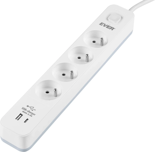 Regleta con protección contra sobretensiones EVER Protect, 4 tomas con USB-A y USB-C, 3,4 A