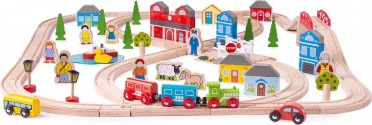 Ferrocarril de madera ciudad y pueblo BIGJIGS RAIL, 91 piezas
