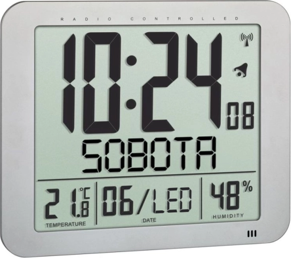 TFA reloj digital radiocontrolado para colocar o colgar, plateado
