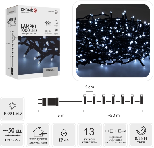 Cadena de luces navideñas LED 1000 LED, blanco frío, 53 m (50 m + 3 m)