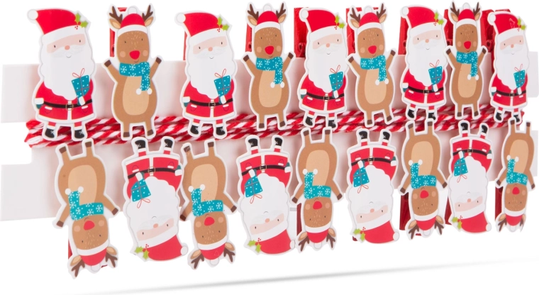 Pinzas navideñas con cinta y motivo de Papá Noel - 18 unidades
