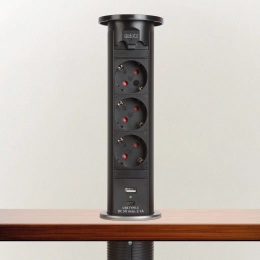 Regleta eléctrica motorizada escamoteable para mesa, negra