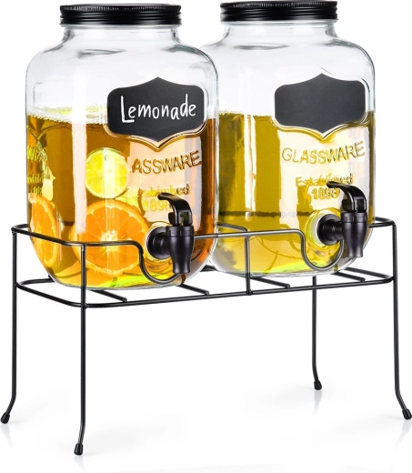 Dispensador doble de bebidas de vidrio con grifo y soporte negro 2×4 l