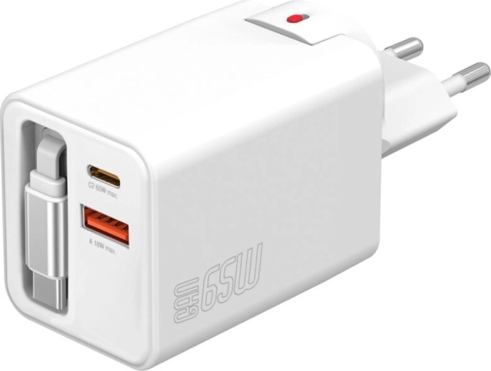 Cargador de pared GaN 65 W con cable retráctil, 2× USB‑C + USB‑A, blanco