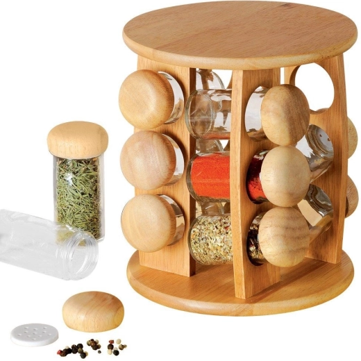 Soporte giratorio de madera para especias con 12 tarros, set de 13 piezas