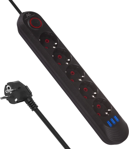 Regleta alargadora con protección contra sobretensiones con 5 tomas y 3× USB, 2500 W, negra