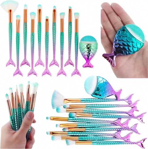Set de brochas de maquillaje arcoíris con forma de cola de sirena, 11 uds.