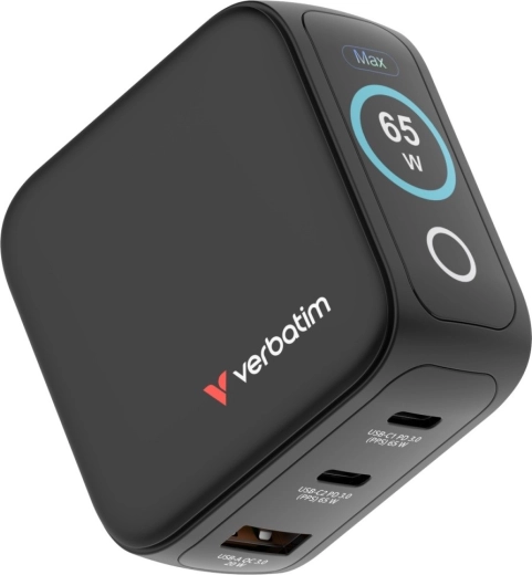 Mini cargador GaN Verbatim de 65 W con pantalla TFT, 2× USB‑C y 1× USB‑A, EU/UK/USA