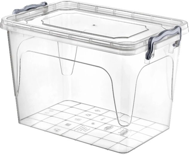 Caja de almacenamiento de plástico de 21 l con tapa de clip, transparente