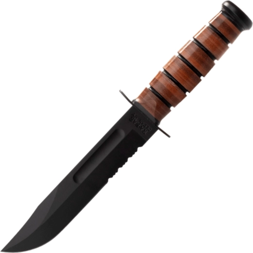 Cuchillo táctico KA-BAR USMC con hoja parcialmente dentada, empuñadura de cuero y funda