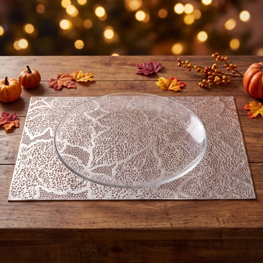 Mantel individual plateado con motivo de hojas de PVC de 45 × 30 cm