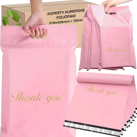 Bolsas de polietileno rosas para envío con asa troquelada 310 × 420 + 70 mm, 50 uds.