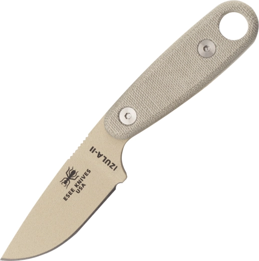 ESEE Izula II DT – cuchillo de cuello 7,3 cm, marrón desierto, Micarta, funda negra