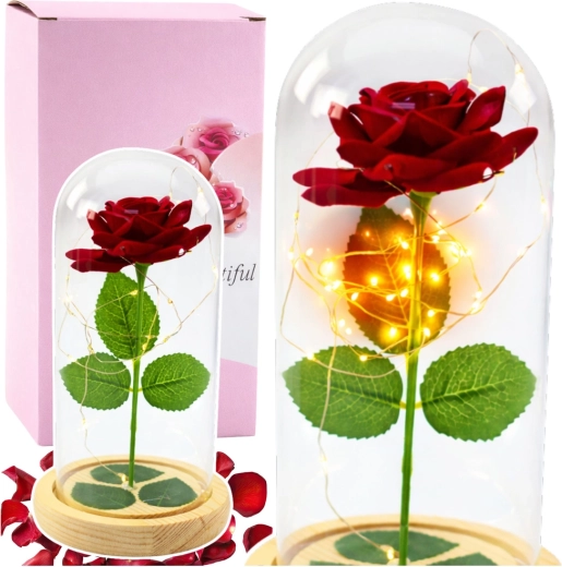 Rosa roja eterna en una cúpula de cristal con iluminación LED