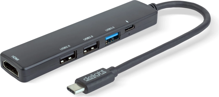 Hub USB-C multifunción con HDMI, 3× USB-A y USB-C, 100 W, negro
