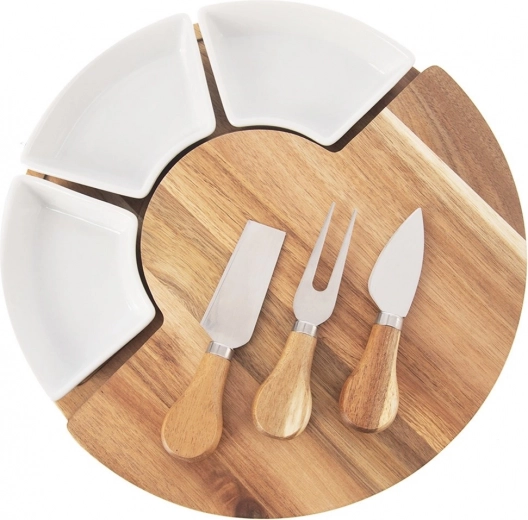 Tabla giratoria de servir de acacia para quesos con 3 cuencos y 3 cuchillos, set de 7 piezas