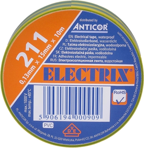 Cinta aislante eléctrica Solight 15 mm x 0,13 mm x 10 m amarillo-verde