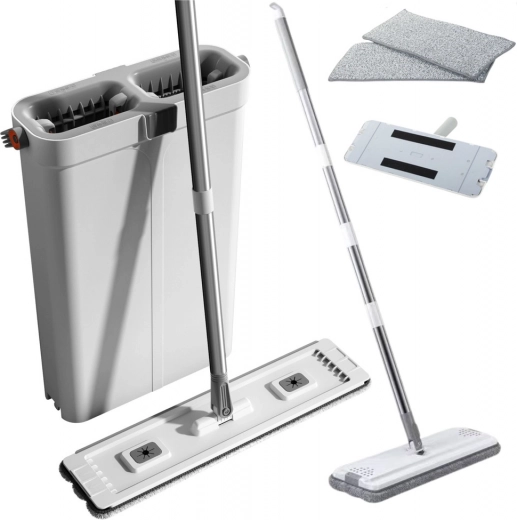 Set de limpieza con mopa plana y cubo de dos compartimentos de microfibra