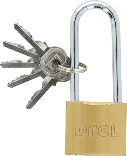 Candado colgante de 40 mm con arco alargado, latón, 5 llaves