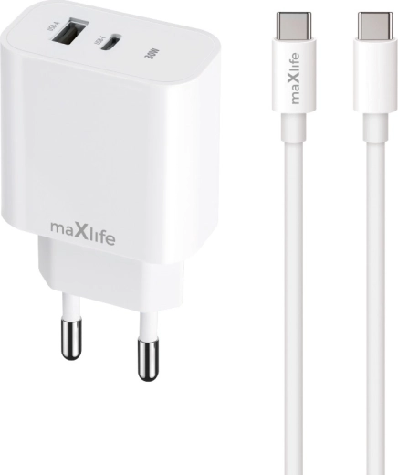 Cargador rápido Maxlife 30 W con USB‑C y USB + cable USB‑C – Lightning