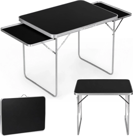 Mesa de camping plegable MultiGarden 120 × 60 cm con 2 estantes laterales, negra
