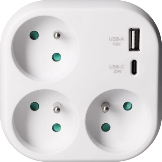 Adaptador múltiple Solight con 3 tomas y carga rápida USB de 20 W PD, blanco
