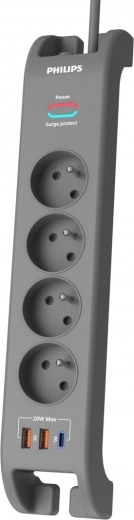 Regleta con protección contra sobretensiones 2 m, 4 tomas, 1× USB‑C, 2× USB‑A, PD 20 W / QC 18 W, 2400 J – Philips