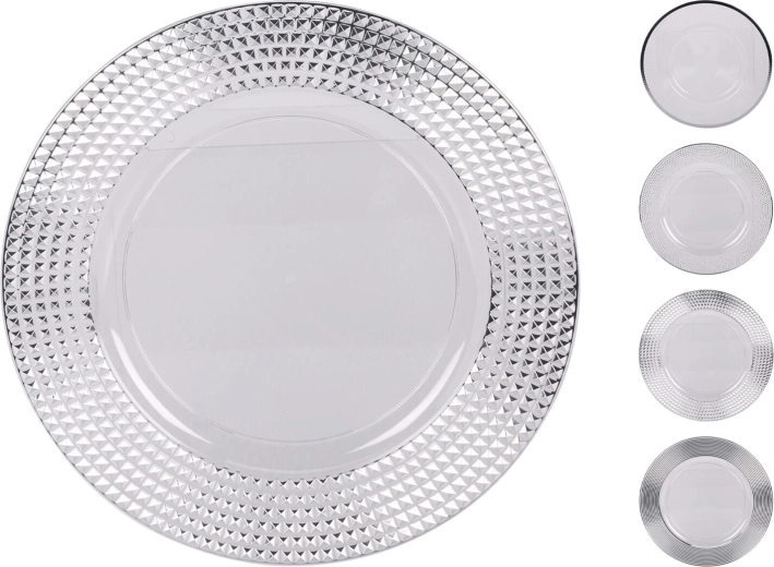 Plato de plástico plateado de 33 cm con borde decorativo