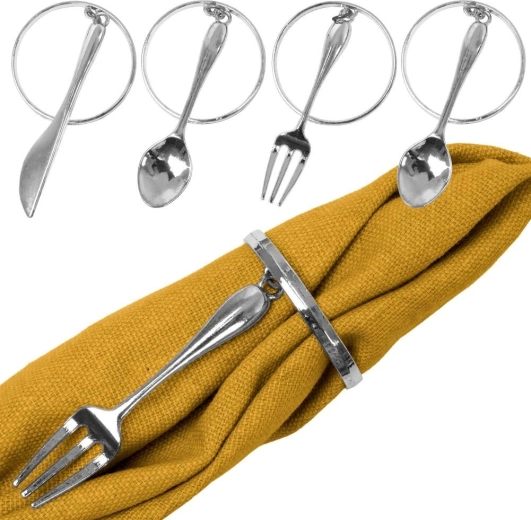 Aros metálicos para servilletas con cubiertos plateados, 4 cm, set de 4 uds