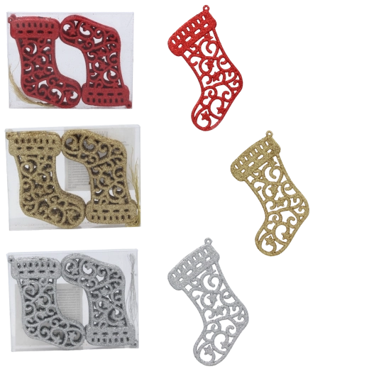 Juego de 12 adornos navideños con forma de calcetín de 10 cm – rojo, dorado y plateado