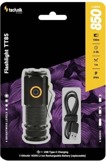Linterna de bolsillo Technik TT85, 850 lm, 3× LED P35, USB‑C, base magnética