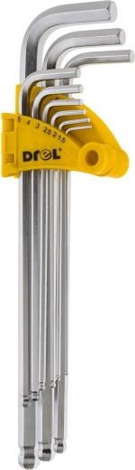 Juego de llaves Allen (imbus) alargadas con bola 1,5–10 mm, 9 piezas DREL