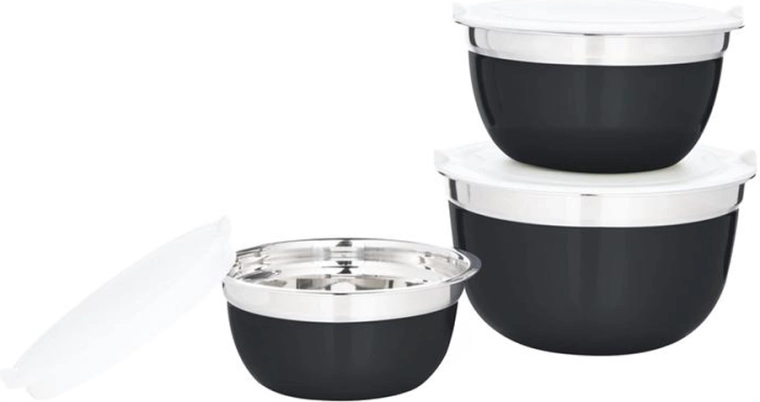 Juego de 3 cuencos de acero inoxidable con tapa, negro