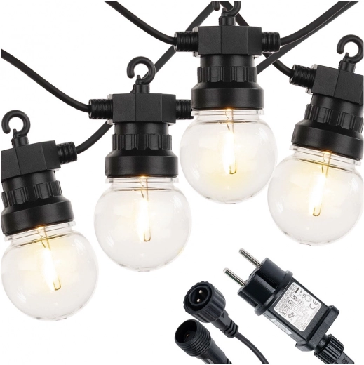 Guirnalda LED exterior 14,5 m, 20 bombillas cálidas con temporizador IP44
