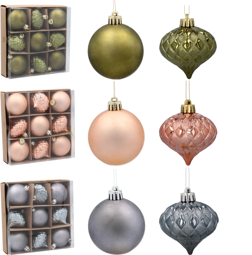 Set de adornos navideños de 6 cm – oliva, cobre y grafito, set de 9 uds.
