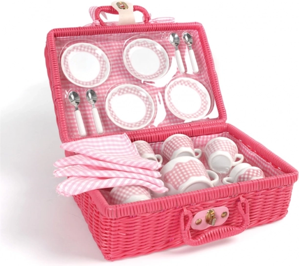 Tidlo set de té de picnic en cesta de mimbre rosa