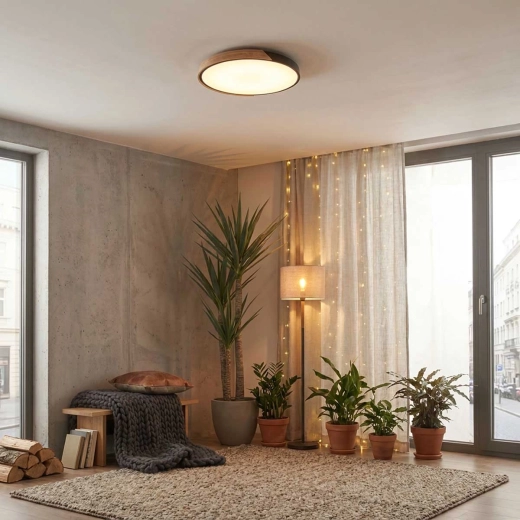 Diseño roble + metal negro para interiores modernos