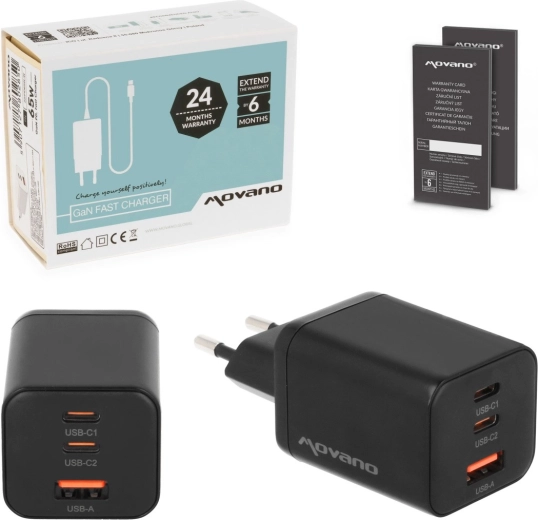 Cargador Movano GaN 65 W 2× USB‑C PD + USB‑A, negro