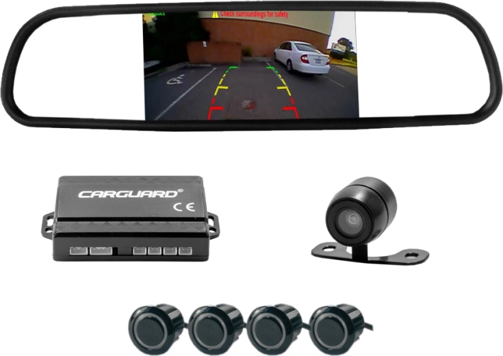 Kit de aparcamiento con cámara de marcha atrás, sensores y pantalla en el espejo retrovisor