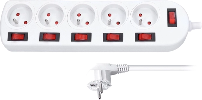 Regleta alargadora Solight con interruptores individuales, 5 tomas, 3 m, blanca - 1 pieza
