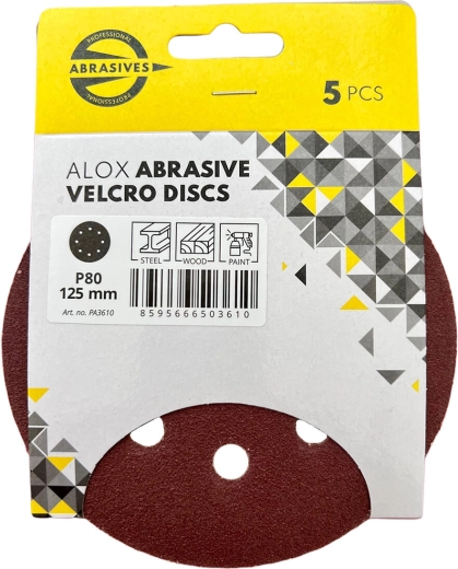 Discos abrasivos con velcro (hook & loop) de 125 mm, grano 180, 8 orificios (5 uds)