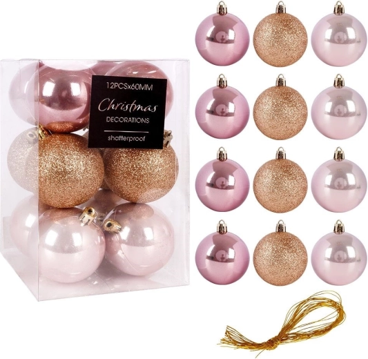 Bolas navideñas rosas irrompibles de 6 cm, set de 12 uds.
