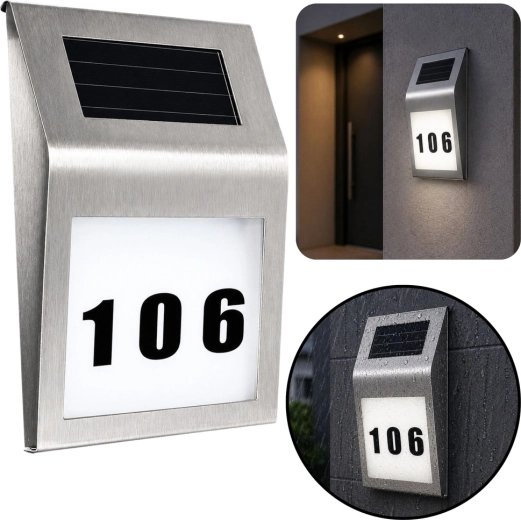 Lámpara LED solar con número de casa retroiluminado de acero inoxidable