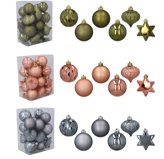 Set de 23 adornos navideños en color oliva, cobre y grafito