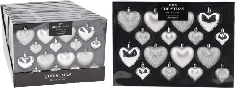 Adornos navideños colgantes en forma de corazón, plateados, mezcla de tonos, 16 unidades