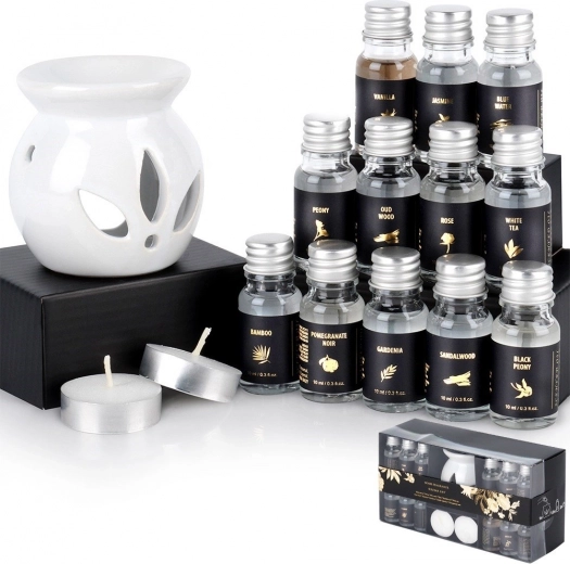 Set de regalo de aromaterapia con lámpara aromática de cerámica y 12 aceites perfumados