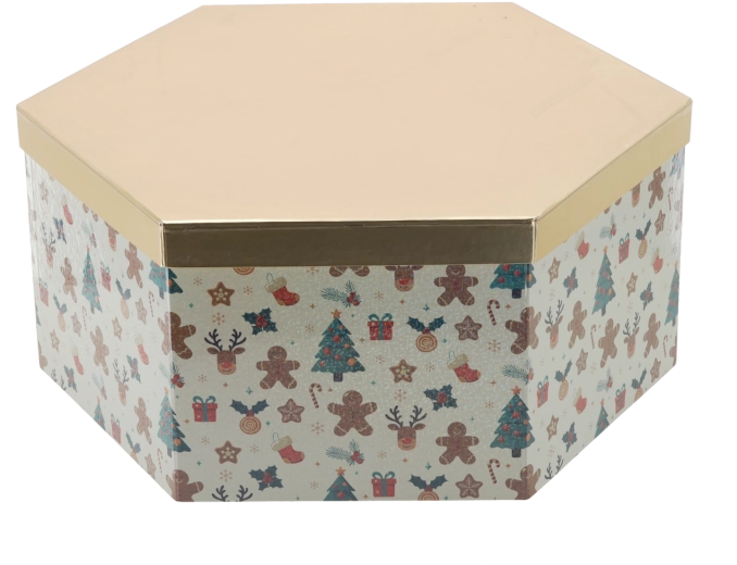 Caja de regalo navideña hexagonal con tapa dorada
